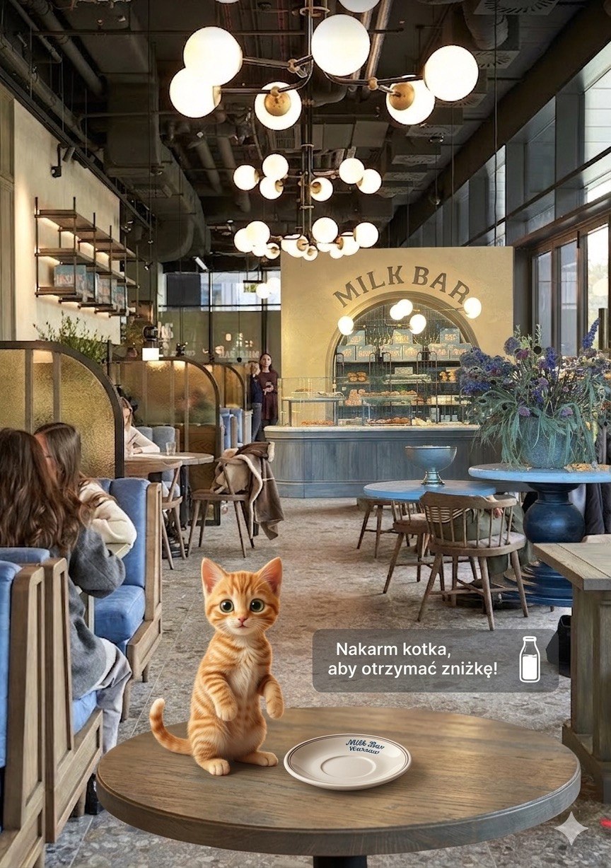 AR-котёнок Milk Bar сидит на столике с подписью «Накорми котёнка»