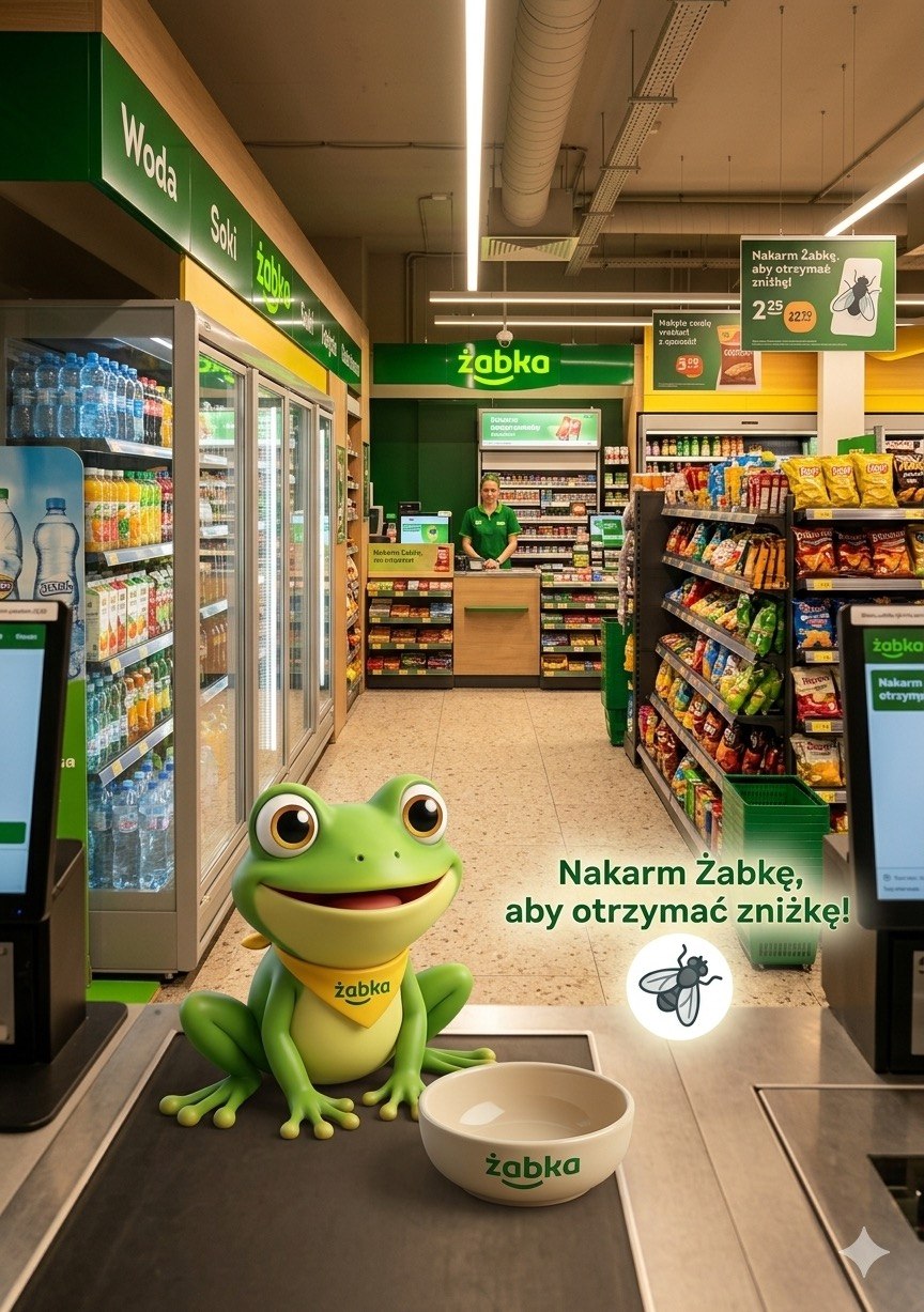 AR-жабка Żabka сидит у миски в магазине Żabka